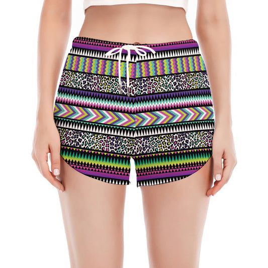 Colorful Leopard Navajo Tribal Print Women's Split Running Shorts