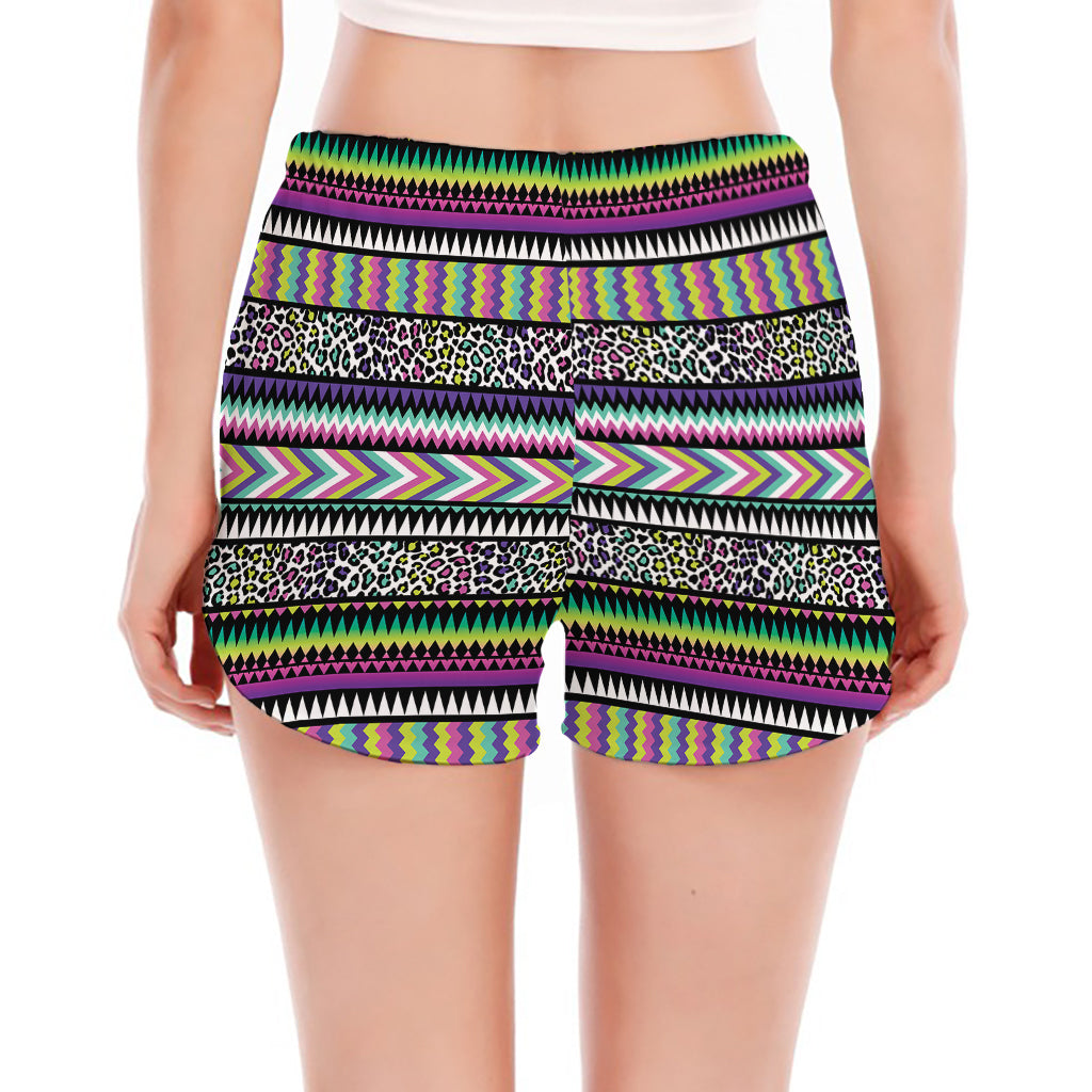 Colorful Leopard Navajo Tribal Print Women's Split Running Shorts