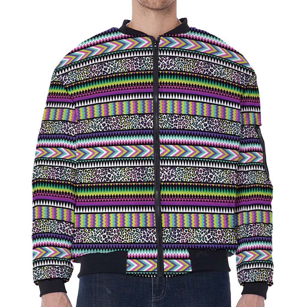Colorful Leopard Navajo Tribal Print Zip Sleeve Bomber Jacket