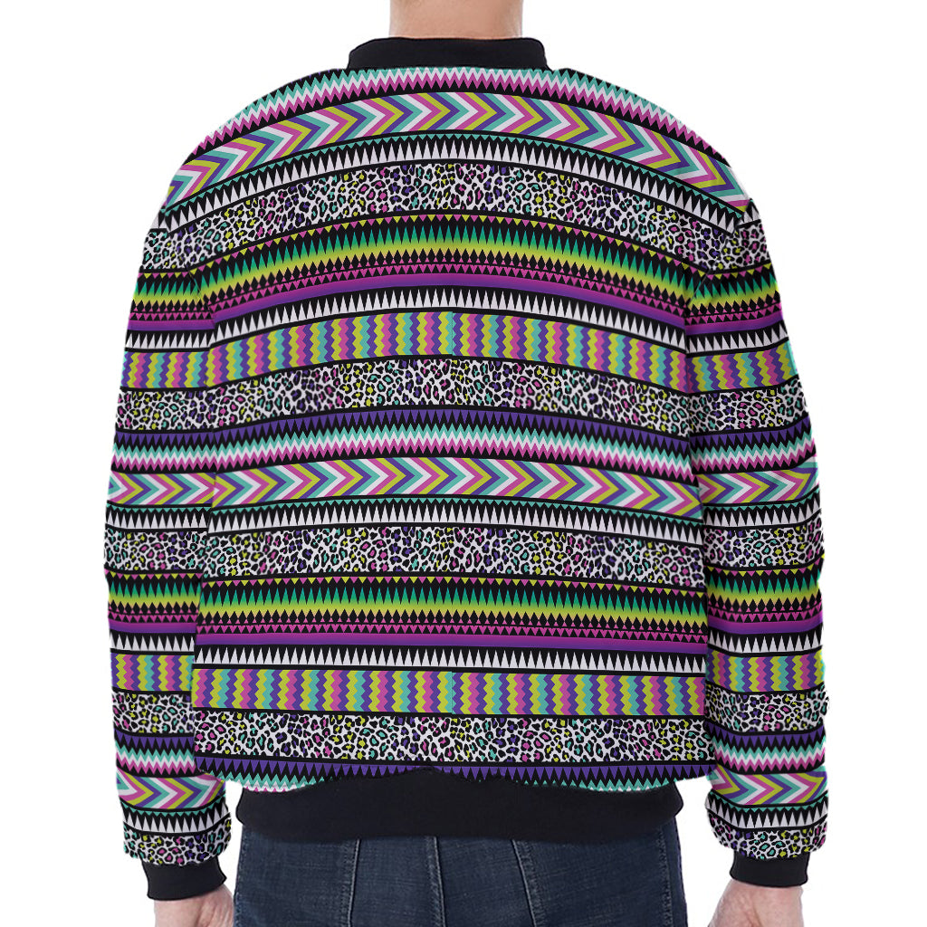 Colorful Leopard Navajo Tribal Print Zip Sleeve Bomber Jacket
