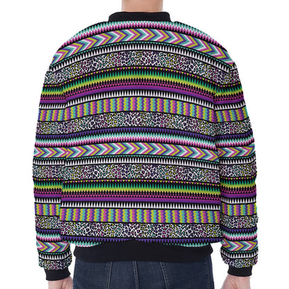 Colorful Leopard Navajo Tribal Print Zip Sleeve Bomber Jacket