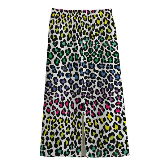 Colorful Leopard Print Cotton Front Slit Maxi Skirt