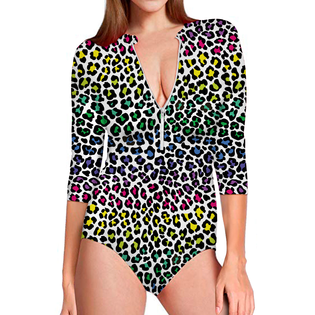 Colorful Leopard Print Long Sleeve Swimsuit