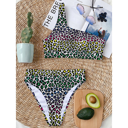 Colorful Leopard Print One Shoulder Bikini Top