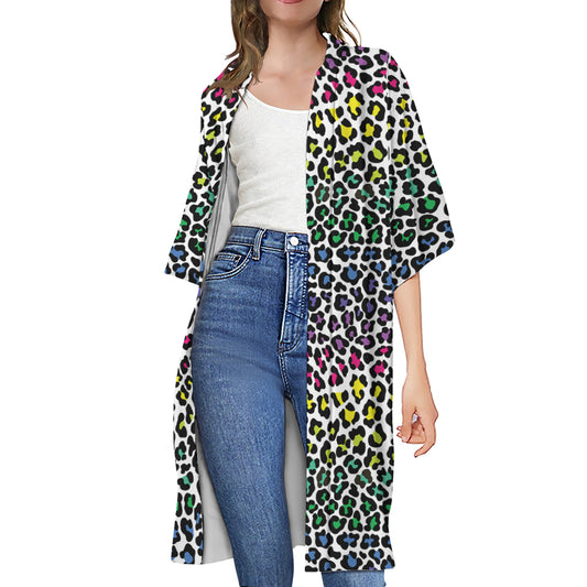 Colorful Leopard Print Open Front Beach Cover Up