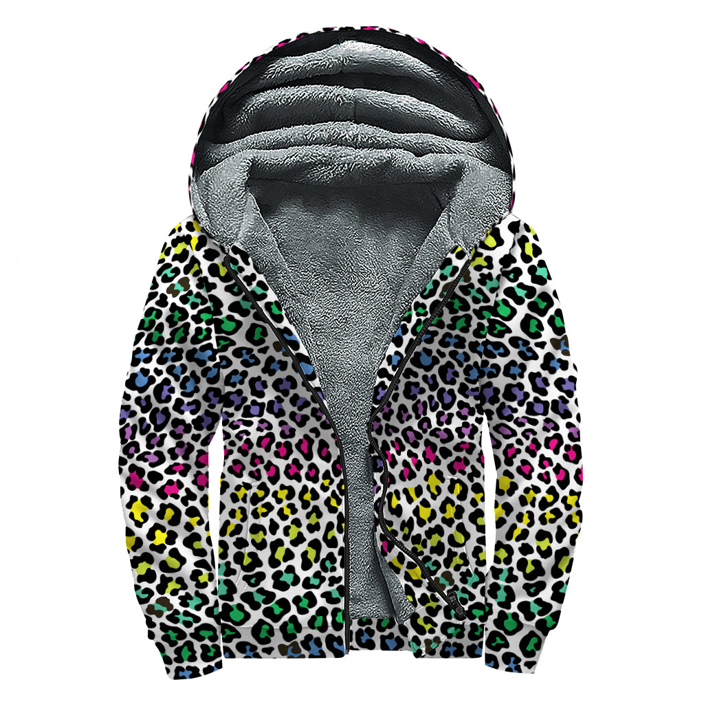 Colorful Leopard Print Sherpa Lined Zip Up Hoodie