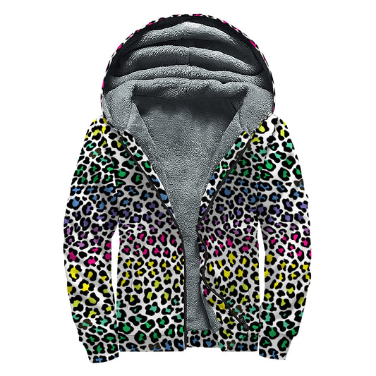Colorful Leopard Print Sherpa Lined Zip Up Hoodie