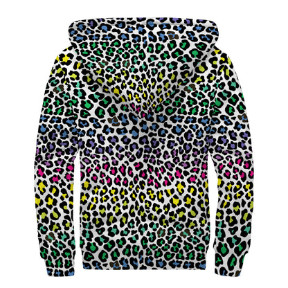 Colorful Leopard Print Sherpa Lined Zip Up Hoodie