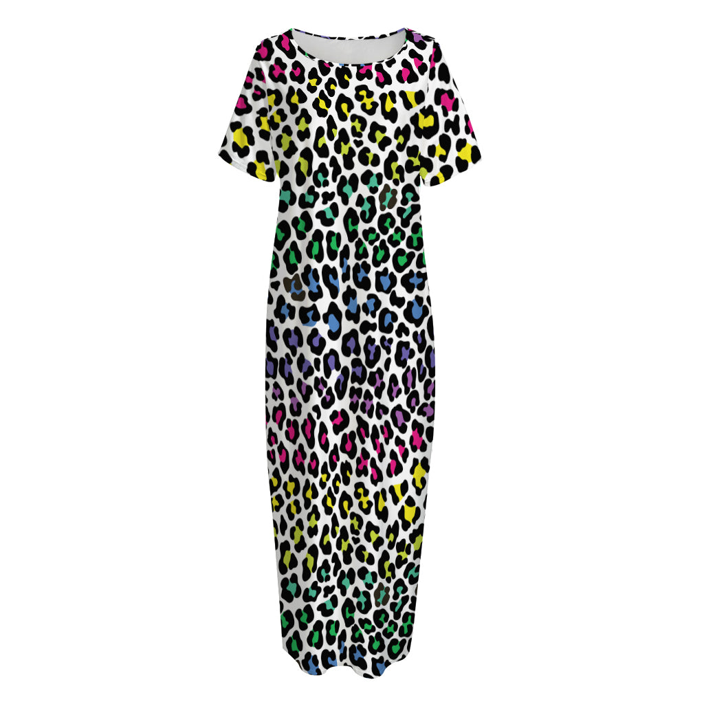 Colorful Leopard Print Short Sleeve Long Nightdress