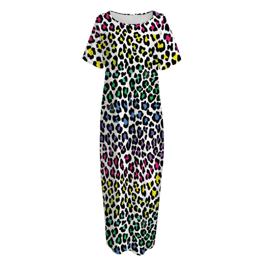 Colorful Leopard Print Short Sleeve Long Nightdress