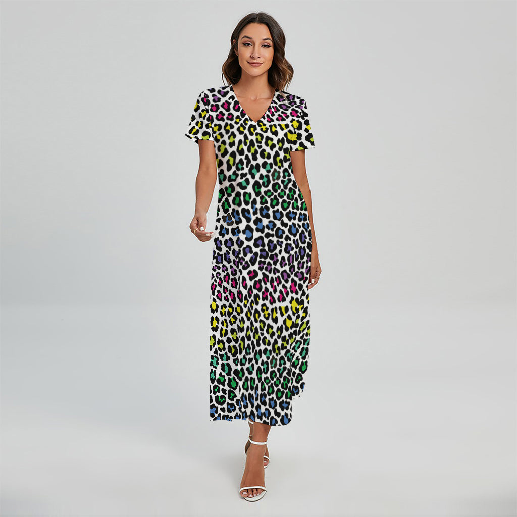 Colorful Leopard Print Short Sleeve Maxi Dress