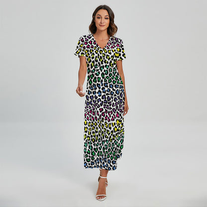 Colorful Leopard Print Short Sleeve Maxi Dress