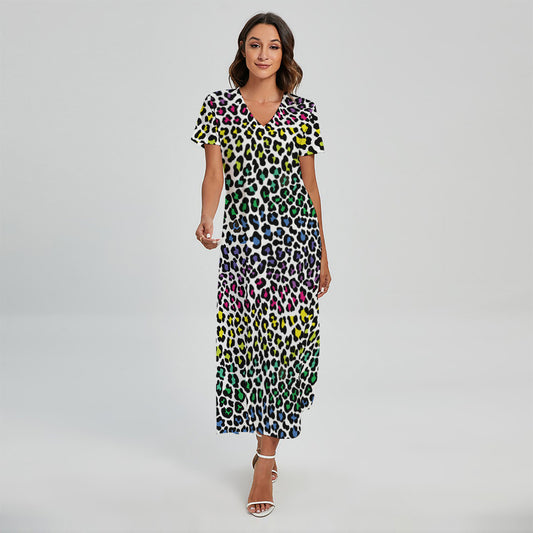 Colorful Leopard Print Short Sleeve Maxi Dress