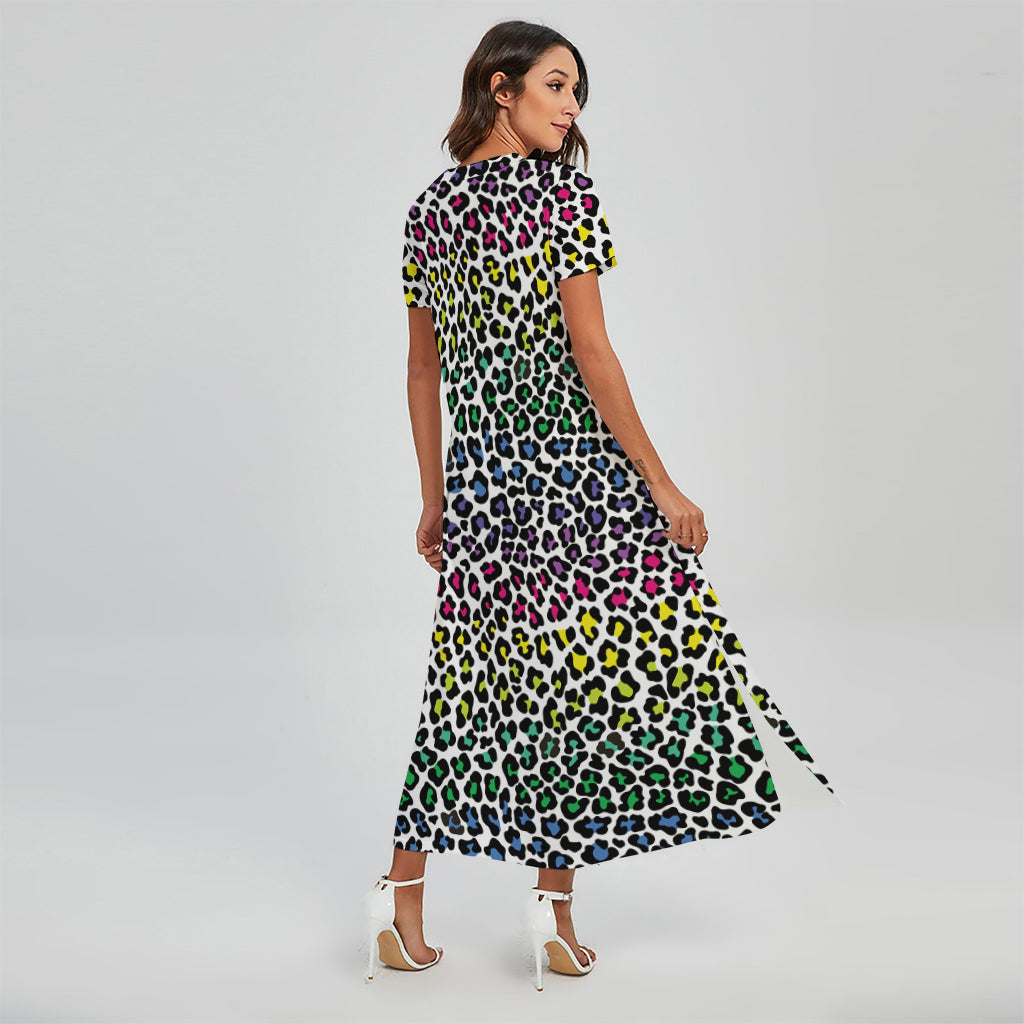 Colorful Leopard Print Short Sleeve Maxi Dress