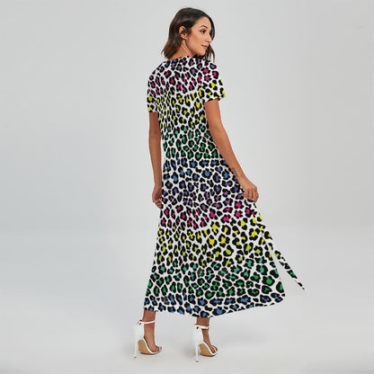 Colorful Leopard Print Short Sleeve Maxi Dress
