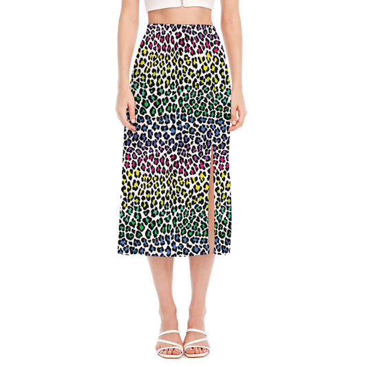 Colorful Leopard Print Side Slit Midi Skirt