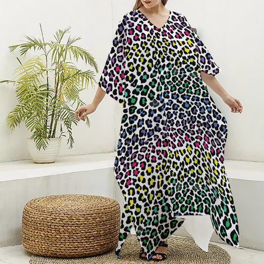 Colorful Leopard Print Silk V-Neck Kaftan Dress
