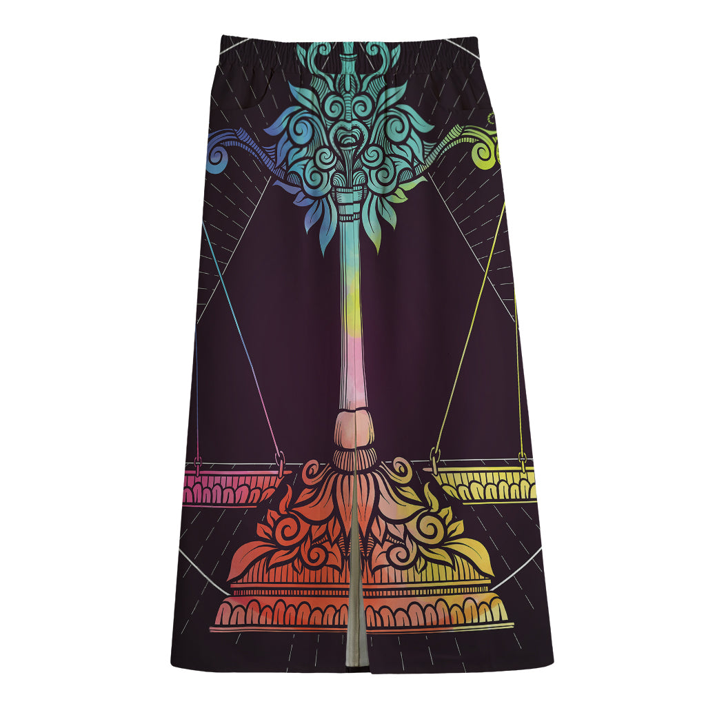 Colorful Libra Sign Print Cotton Front Slit Maxi Skirt