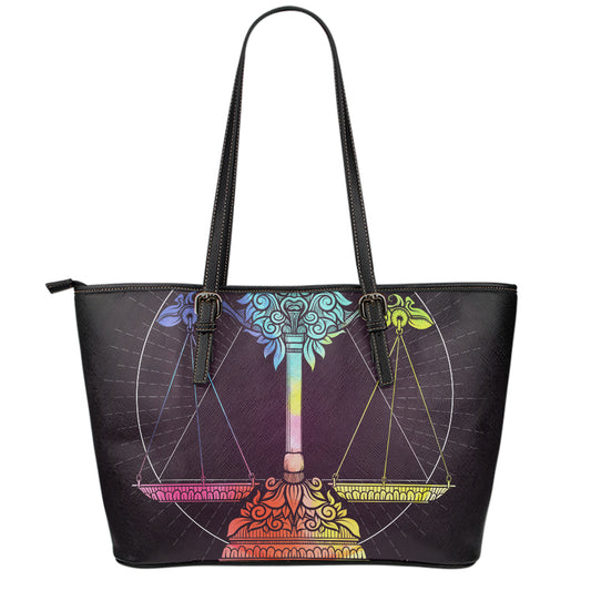 Colorful Libra Sign Print Leather Tote Bag