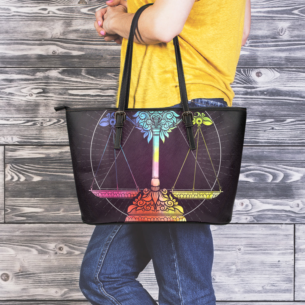 Colorful Libra Sign Print Leather Tote Bag