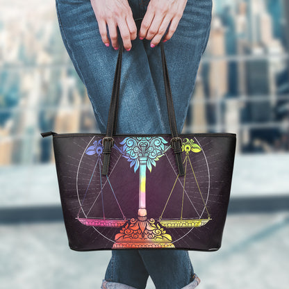 Colorful Libra Sign Print Leather Tote Bag