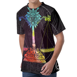 Colorful Libra Sign Print Men's Velvet T-Shirt