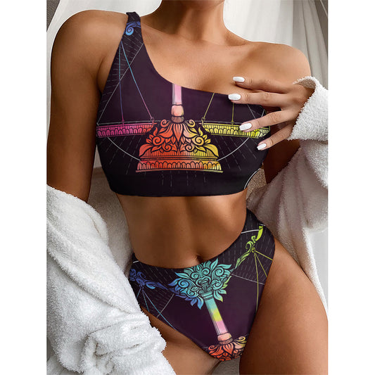 Colorful Libra Sign Print One Shoulder Bikini Top