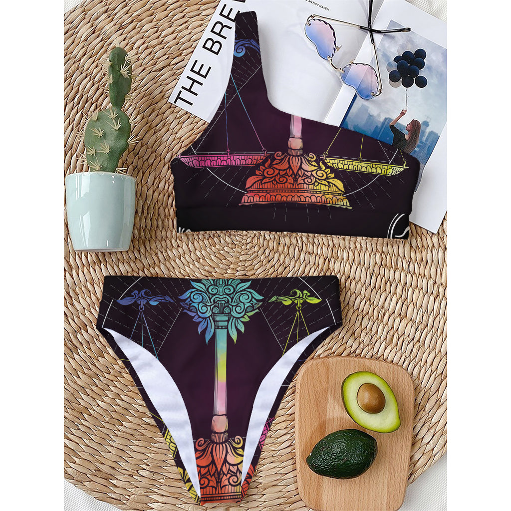 Colorful Libra Sign Print One Shoulder Bikini Top