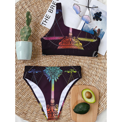 Colorful Libra Sign Print One Shoulder Bikini Top