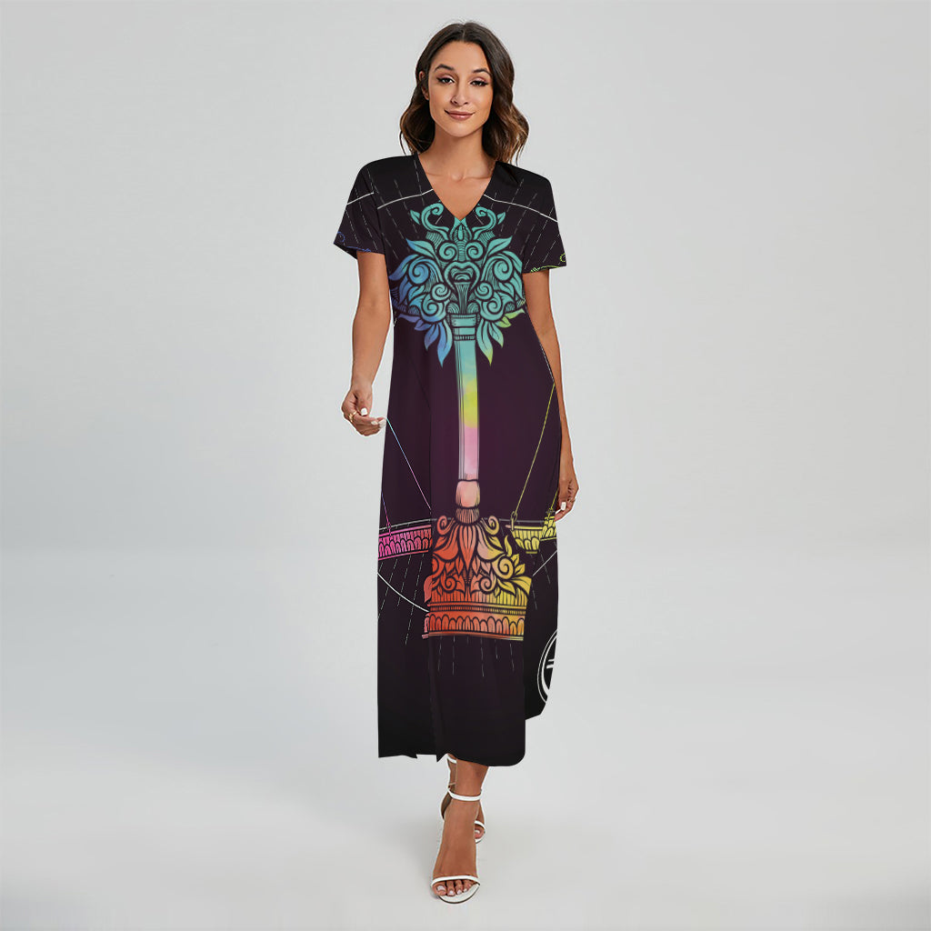 Colorful Libra Sign Print Short Sleeve Maxi Dress