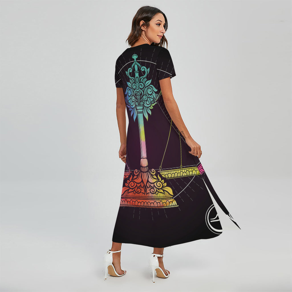 Colorful Libra Sign Print Short Sleeve Maxi Dress