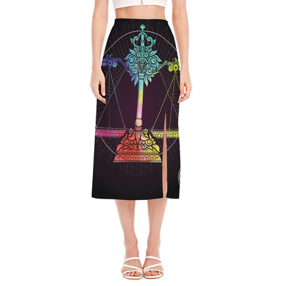 Colorful Libra Sign Print Side Slit Midi Skirt