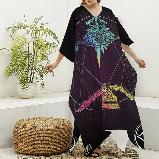 Colorful Libra Sign Print Silk V-Neck Kaftan Dress