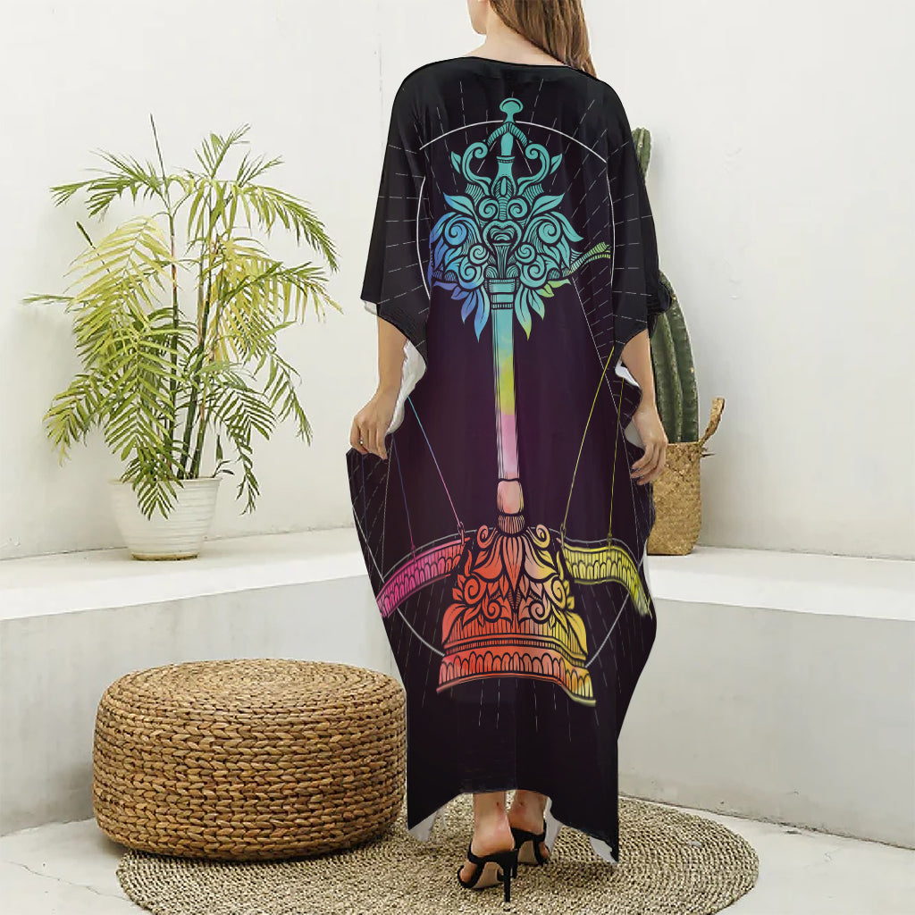 Colorful Libra Sign Print Silk V-Neck Kaftan Dress