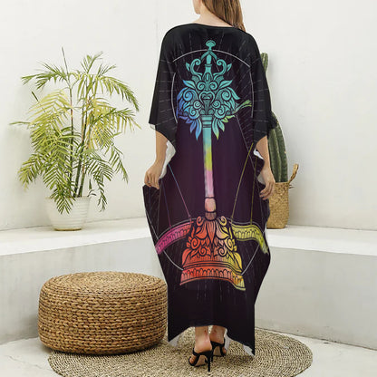 Colorful Libra Sign Print Silk V-Neck Kaftan Dress