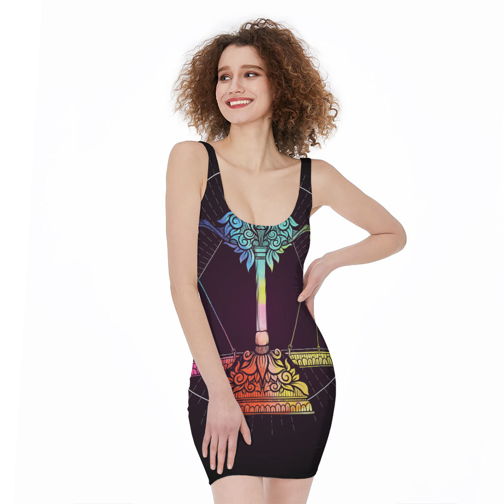 Colorful Libra Sign Print Sleeveless Bodycon Dress