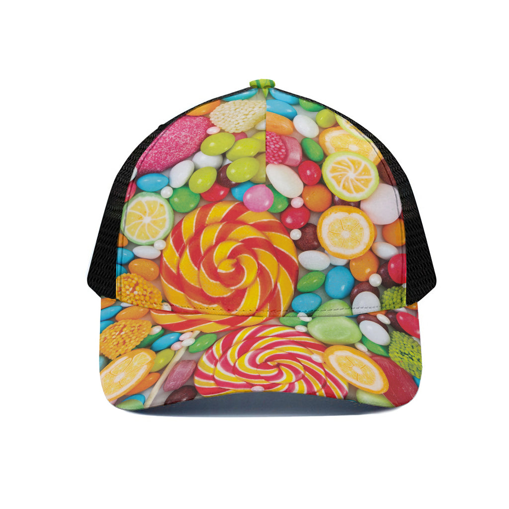 Colorful Lollipop And Candy Print Black Mesh Trucker Cap