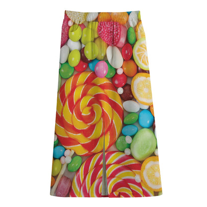 Colorful Lollipop And Candy Print Cotton Front Slit Maxi Skirt