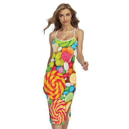 Colorful Lollipop And Candy Print Cross Back Cami Dress