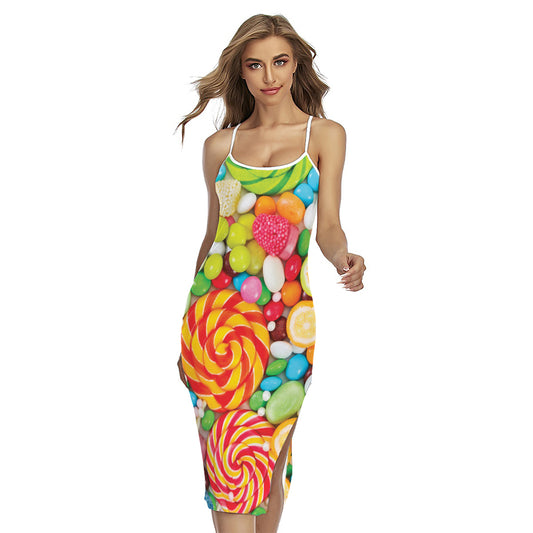 Colorful Lollipop And Candy Print Cross Back Cami Dress