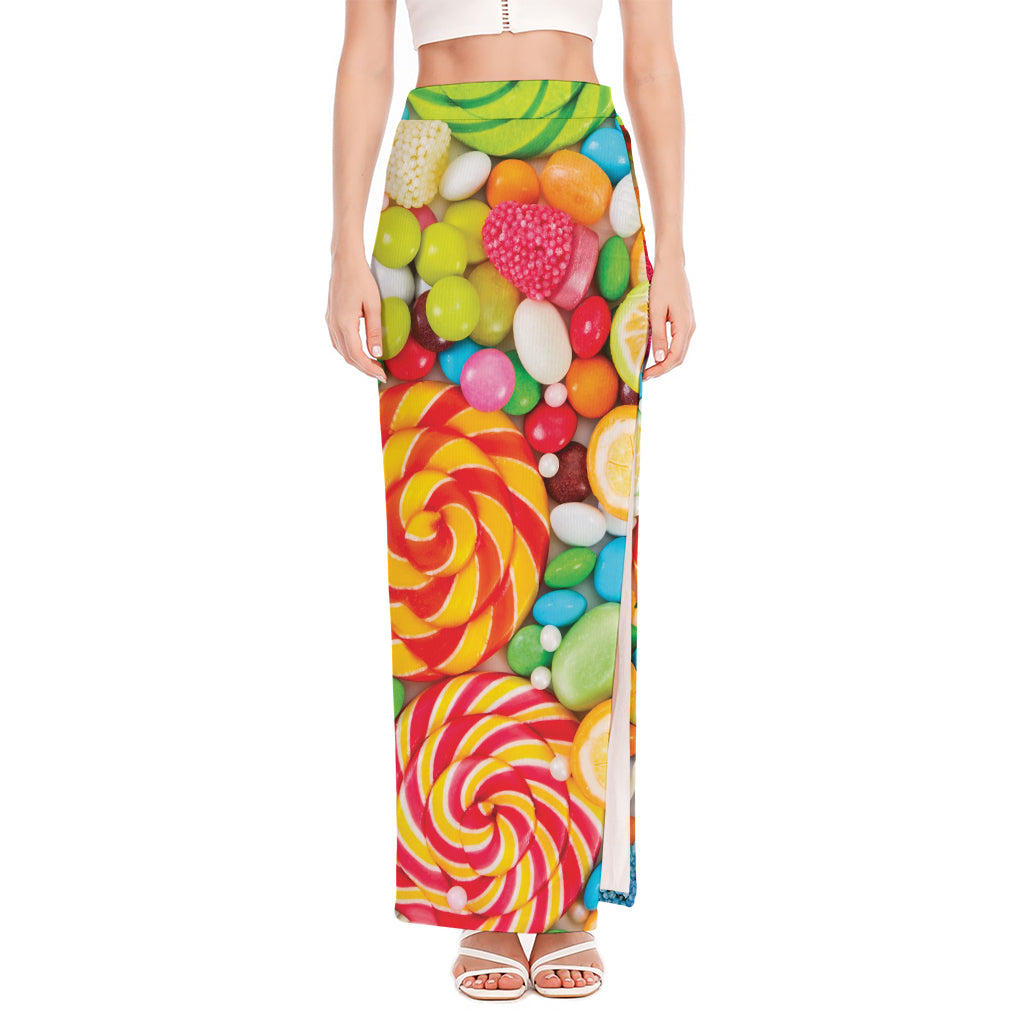 Colorful Lollipop And Candy Print High Slit Maxi Skirt