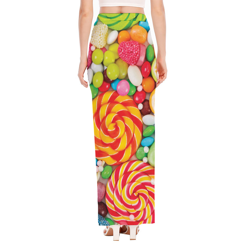 Colorful Lollipop And Candy Print High Slit Maxi Skirt