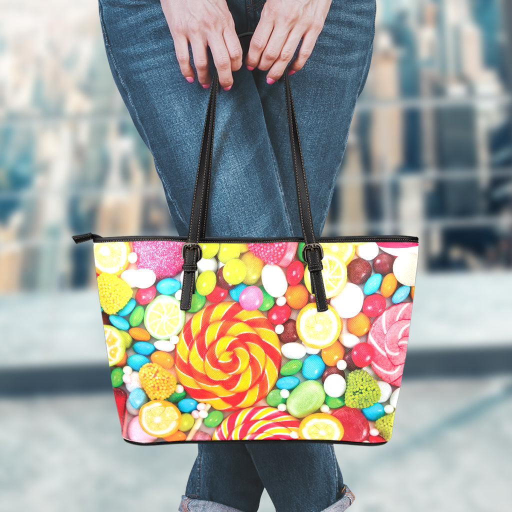 Colorful Lollipop And Candy Print Leather Tote Bag