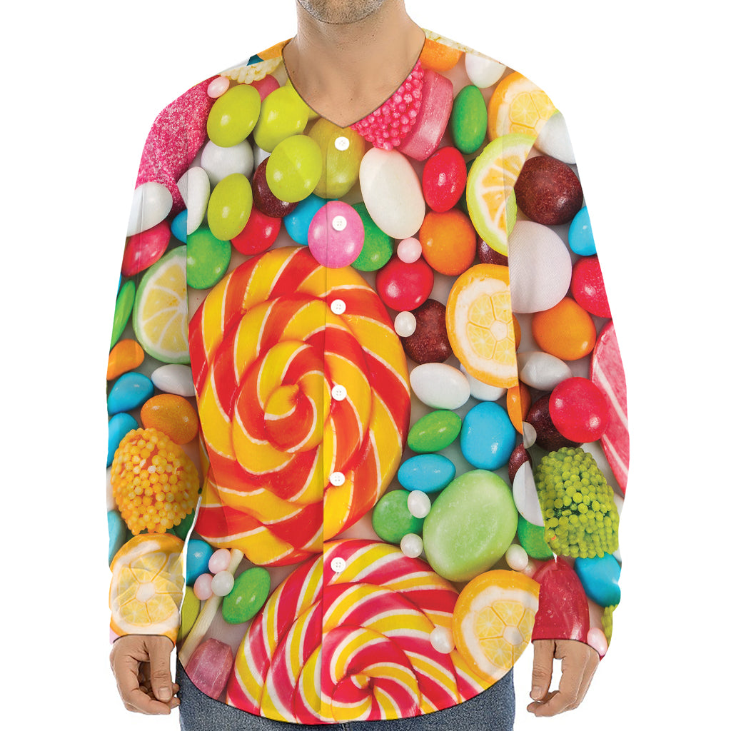 Colorful Lollipop And Candy Print Long Sleeve Baseball Jersey