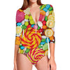 Colorful Lollipop And Candy Print Long Sleeve Swimsuit