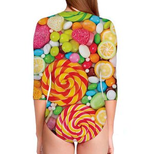 Colorful Lollipop And Candy Print Long Sleeve Swimsuit