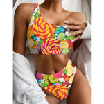 Colorful Lollipop And Candy Print One Shoulder Bikini Top