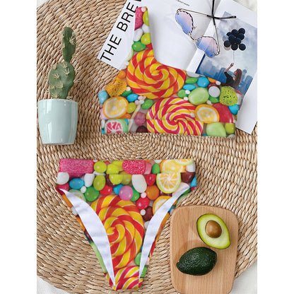 Colorful Lollipop And Candy Print One Shoulder Bikini Top