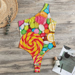 Colorful Lollipop And Candy Print One Shoulder Bodysuit