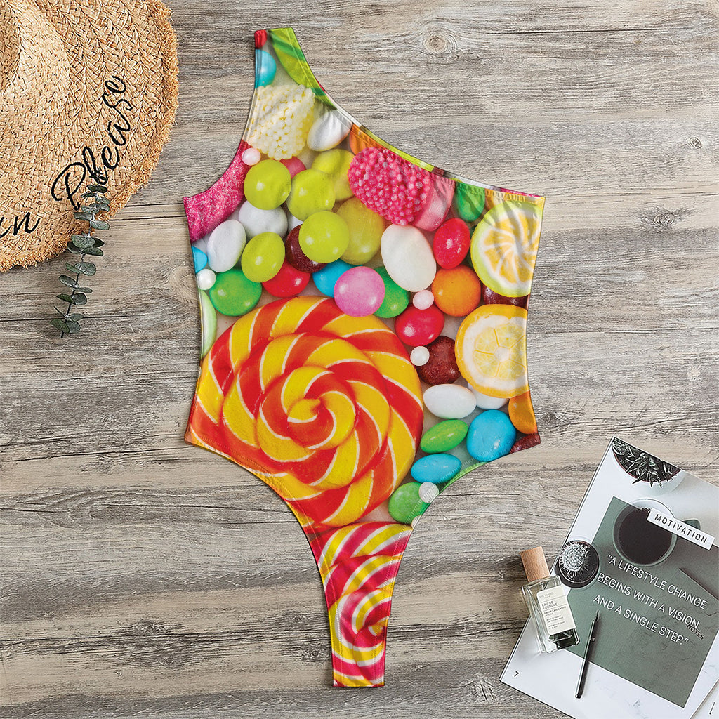Colorful Lollipop And Candy Print One Shoulder Bodysuit